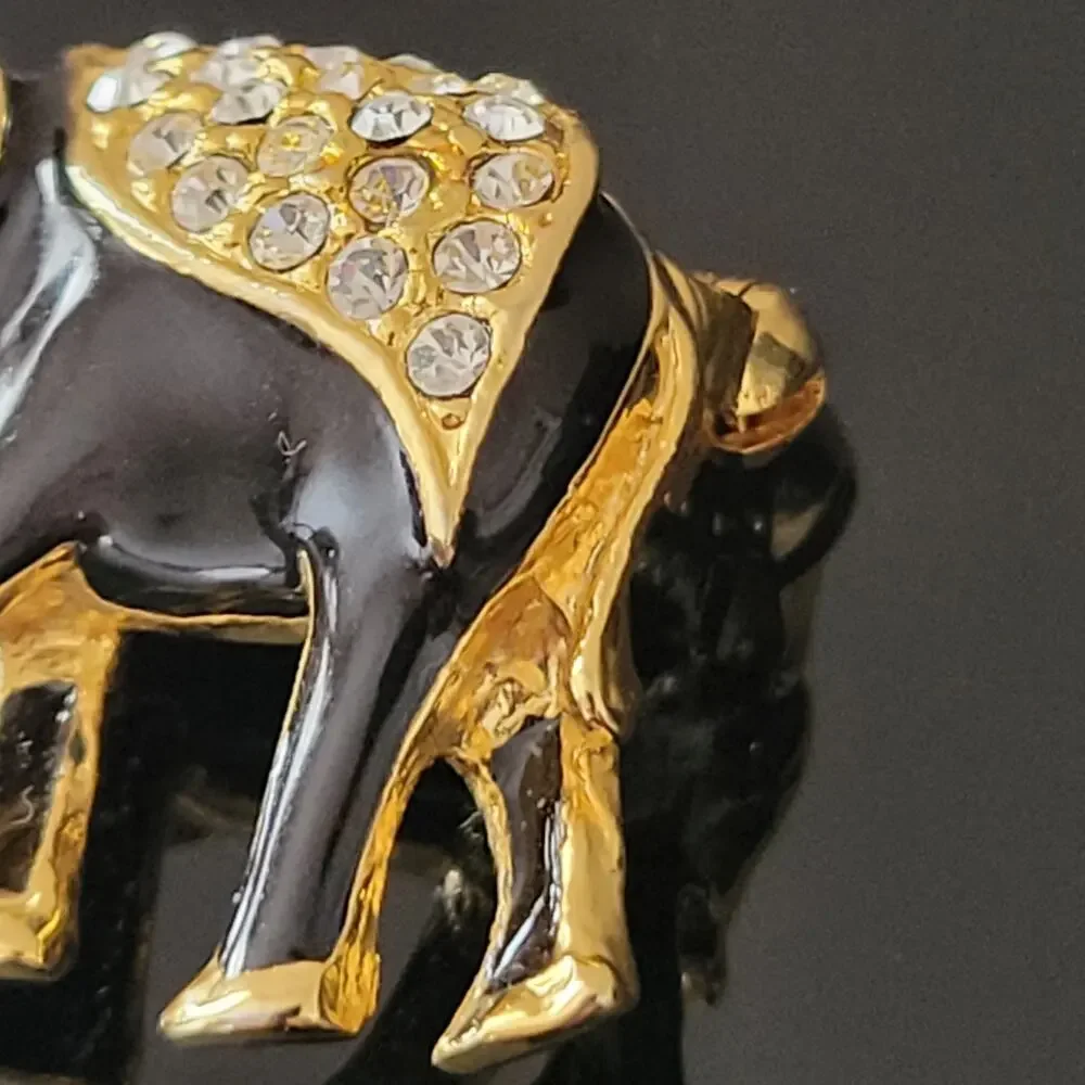 Exquisite Elephant‎ Black and Gold Enamel with Rhinestones on Top and Eye